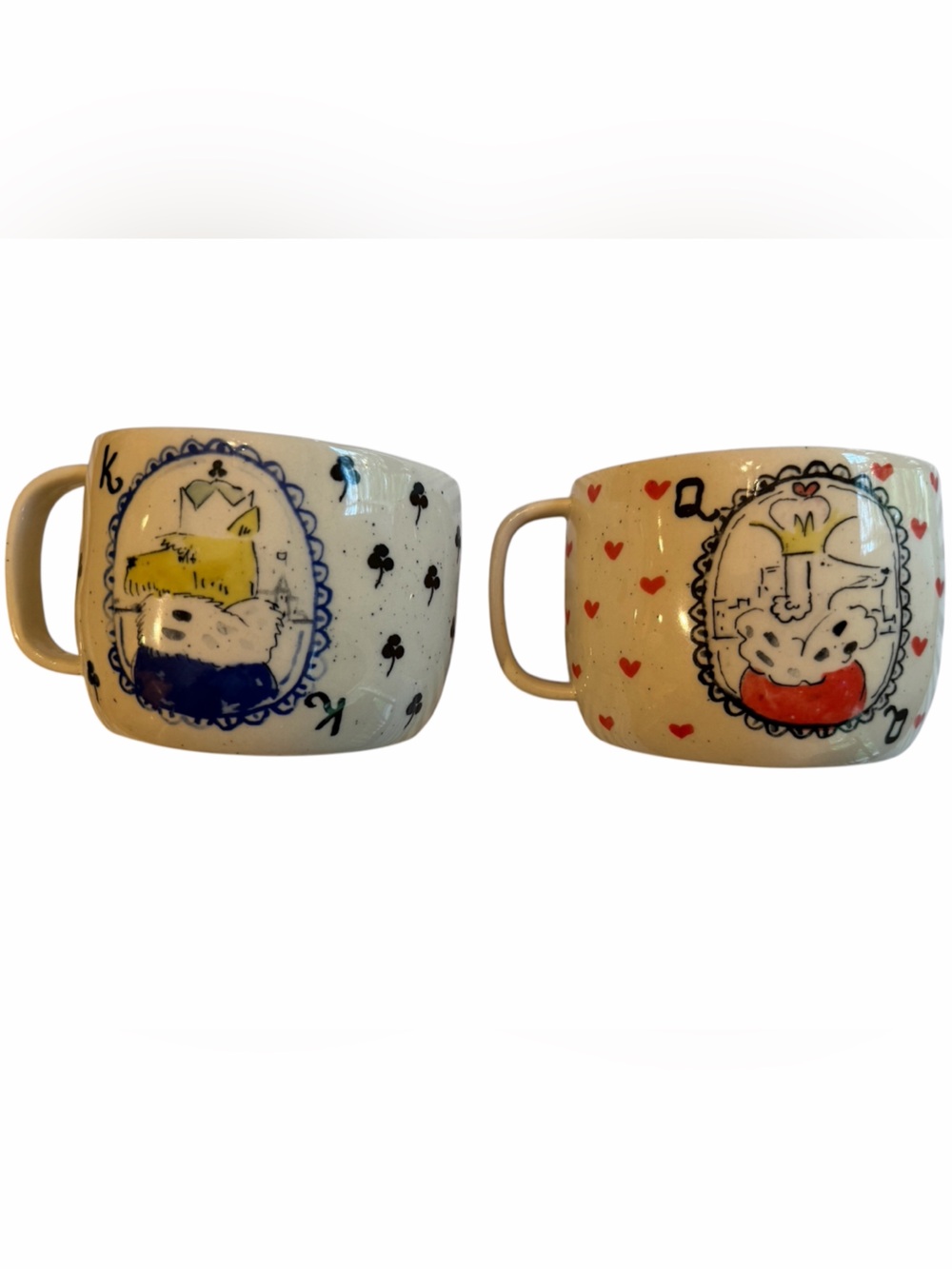 Anthropologie Mug Set/2 POPPY KING & QUEEN Clubs Hearts DOGS Poodle